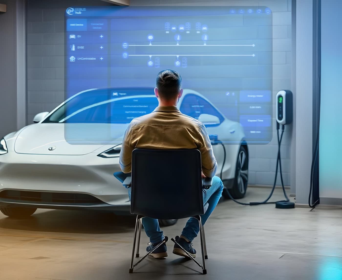 The EEBUS Hub interface showing connected devices, in front of a charging car